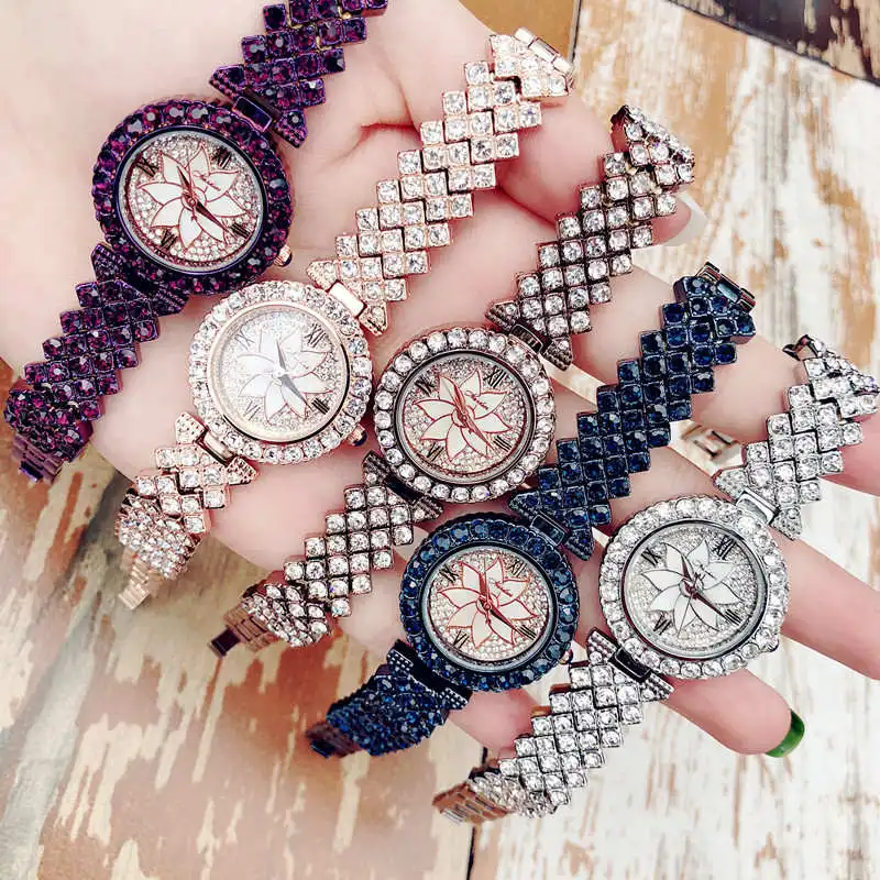 

Hiphop Iced Out Gypsophila Ladies Watch Womens Relojes Luxury Full Diamond Wrist Watches For Girls Woman Quartz Watches, Purple/blue/silver/rose gold/caramel