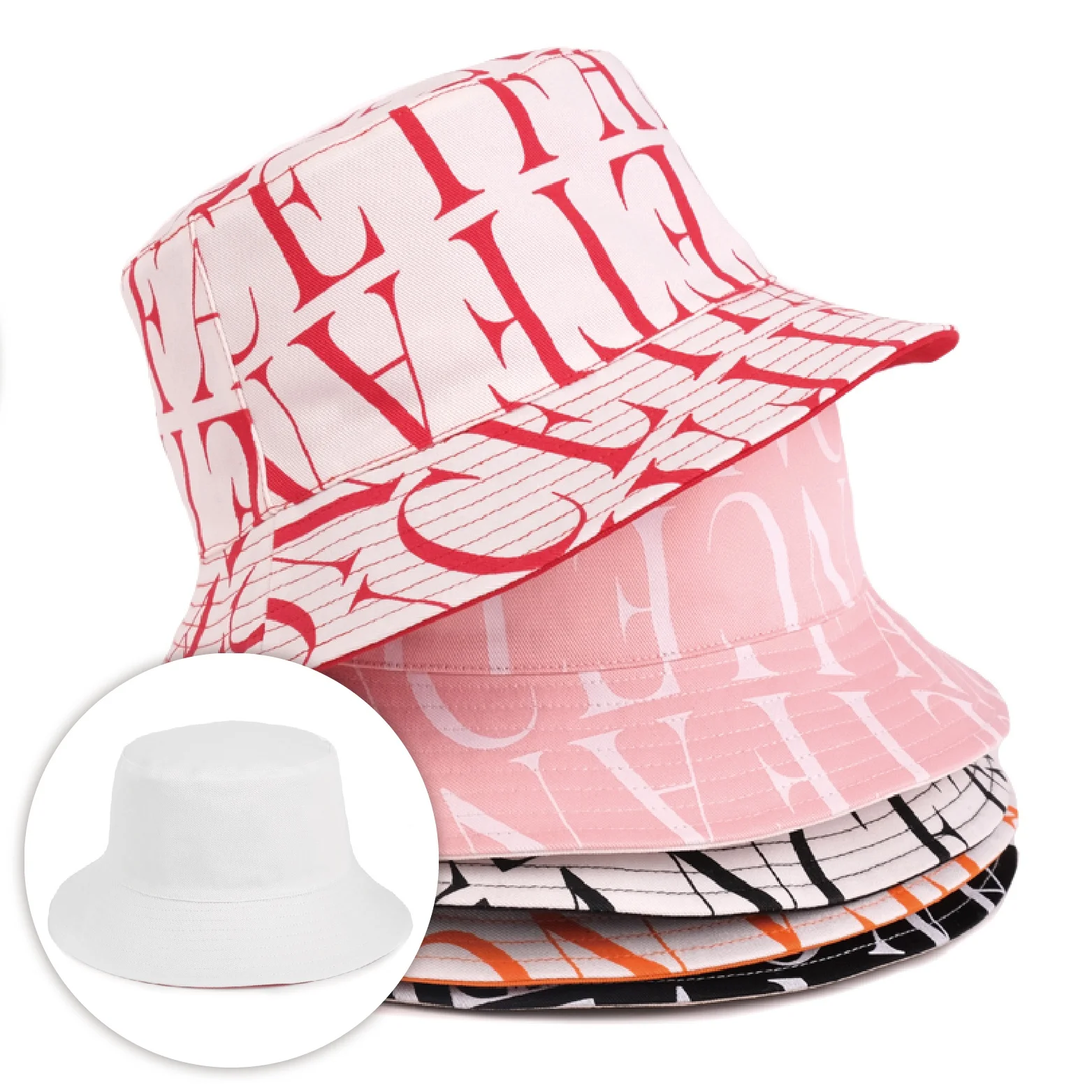 

Women Mens Unisex Colorful Bulk Cotton Custom Printed Logo Reversible Wide Brim Bucket Hat, Black;white;pink;orange;red