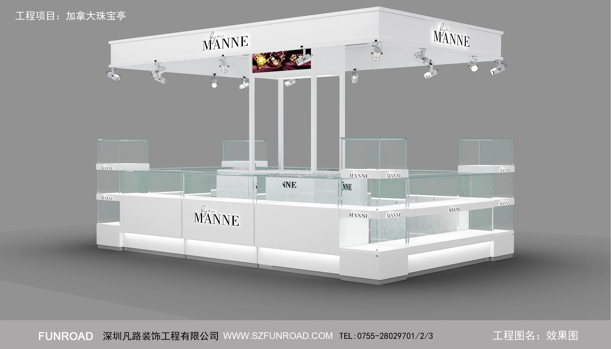 Glossy white painted MDF material Jewelry / silver ornament / necklace display kiosk showcase for shopping mall
