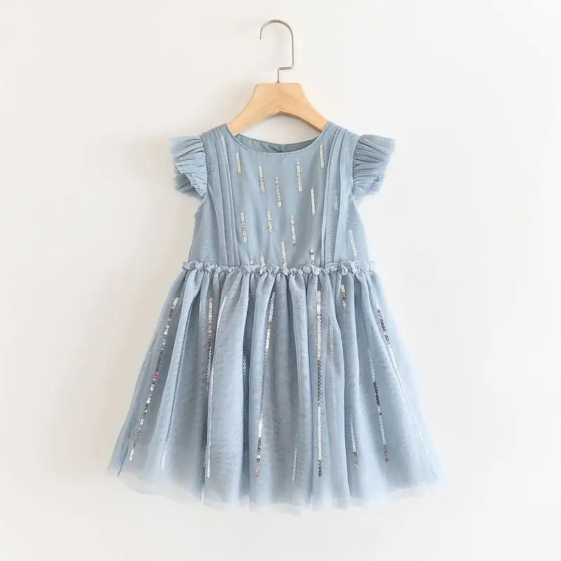 

2264162 girl dress baby summer blue pink ruffles Sequins cotton kids clothing wholesale children's clothes