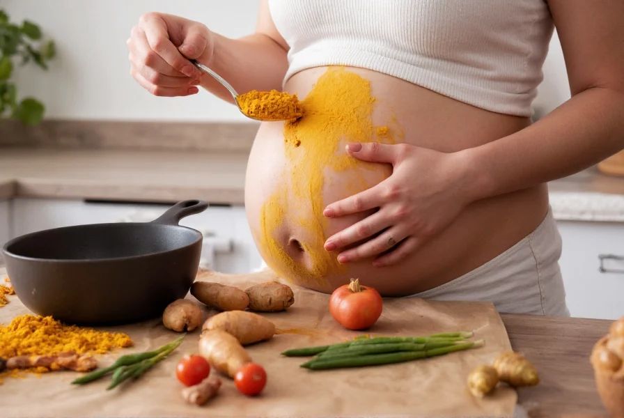 Pregnant woman cooking with turmeric in kitchen