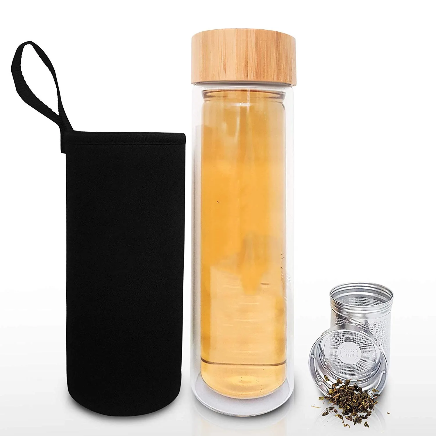 

400ml Double Wall High Borosilicate Glass Tea Bottle with Infuser for Loose Tea Infusion Tea Bottle, Clear transparent