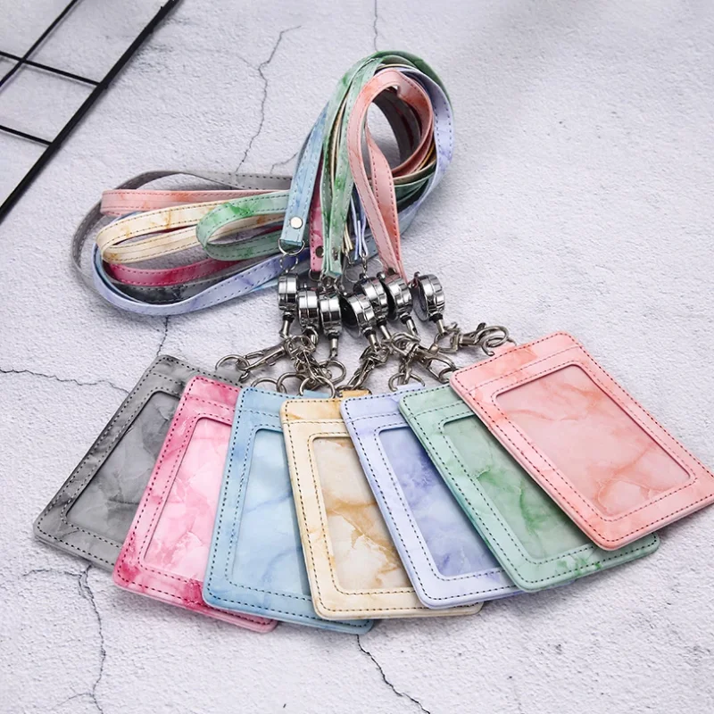 

Leather Marbling ID Card Holder with Lanyard Adjustable Retractable Name Badge Holder Work Card Students Bus Card Cover, 7 colors