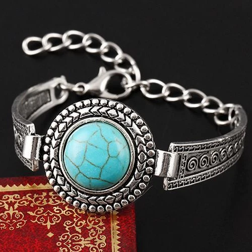 

Adjustable alloy vintage silver green turquoise stones bracelet ethnic