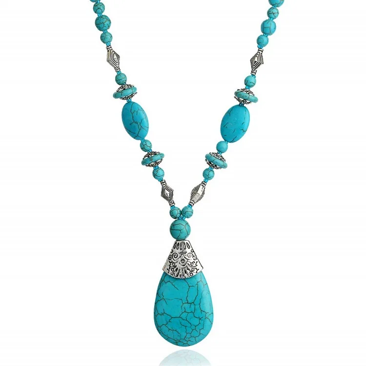 

Boho Turquoise Long Beaded Necklace For Women Vintage Ethnic Alloy Pendant Jewelry