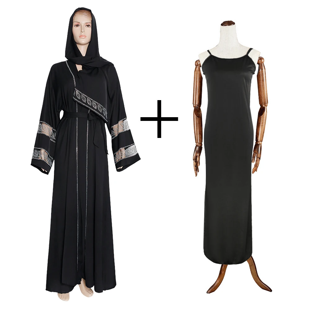 

2021 hot selling islamic clothing dress open front beaded sequined diamond saudi jalabiya jubba ropa scarf maxi abaya robe