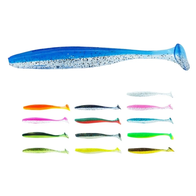 

SNEDA Wholesale Jig Head Lure T-tail Soft Smooth Body PVC Plastic Freshwater Wave Fishing Lure Softworm Bait Shad Lure, 14 colors