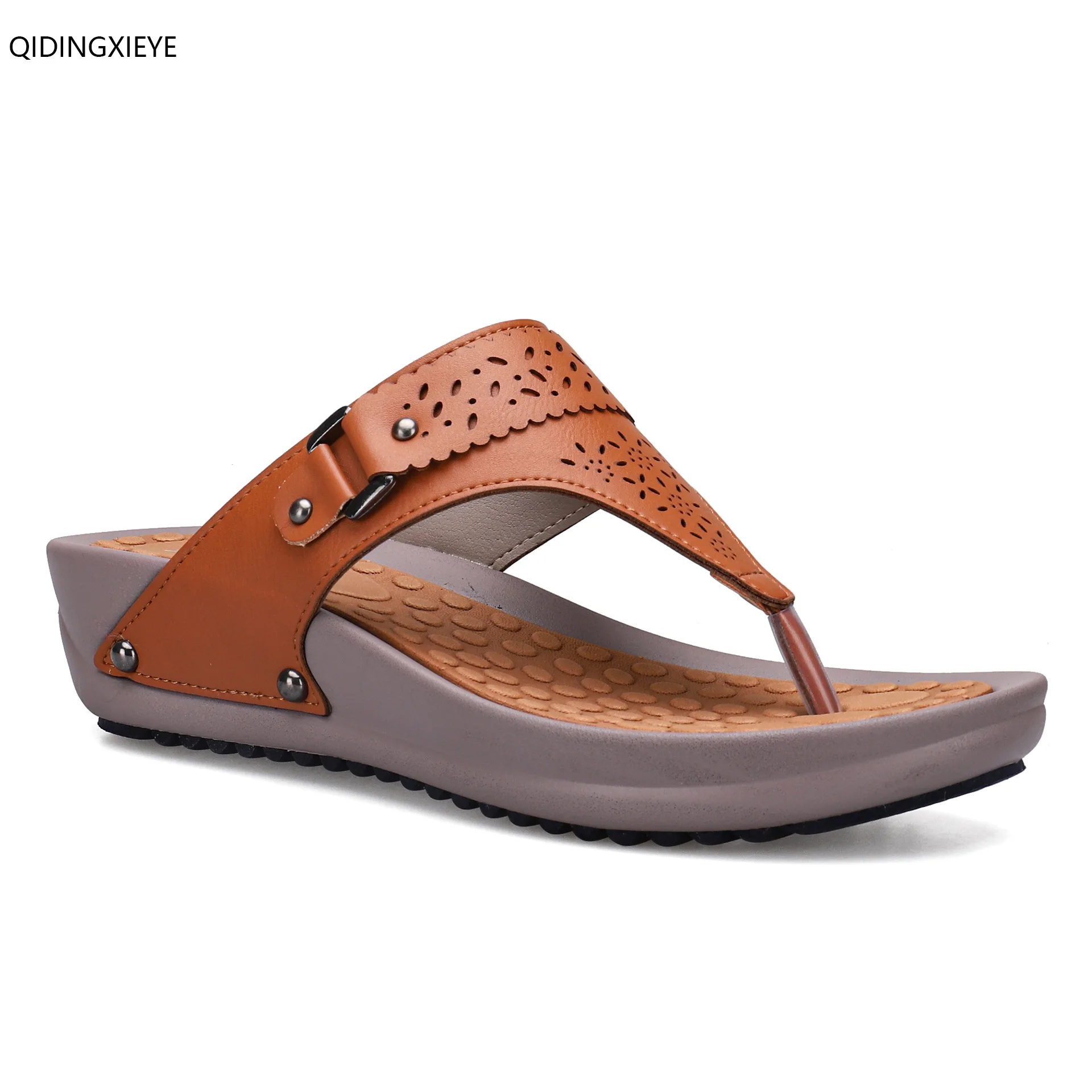 

Laser engraving thick bottom casual flip flops for women's