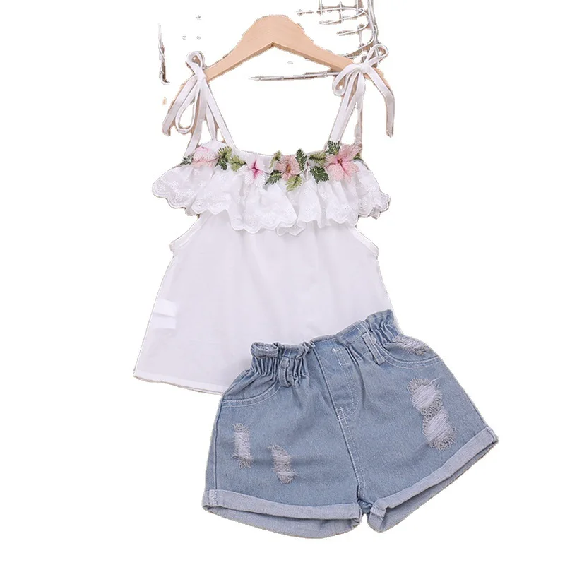 

Lace Flower Sling Skirt + Denim Shorts Set