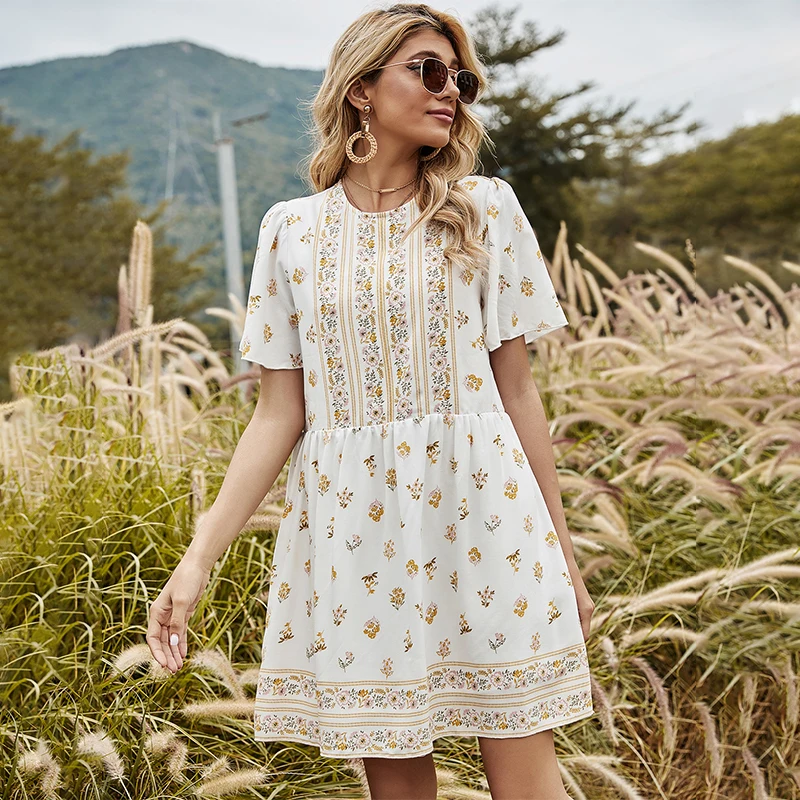 

Women's high waist short sleeve print dress women's spring summer 2021 new A-line skirt wholesale appeal