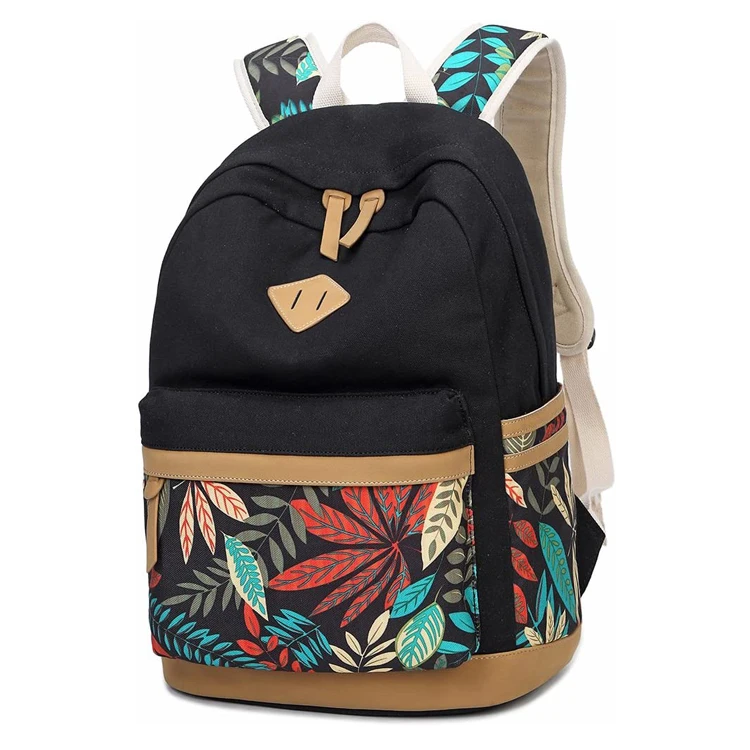 

2021 New Customized Stylish Lightweight Canvas Teenager Book Bag Leaf Printng School Bag Backpack For Kid Girl Model, Picture or customized color