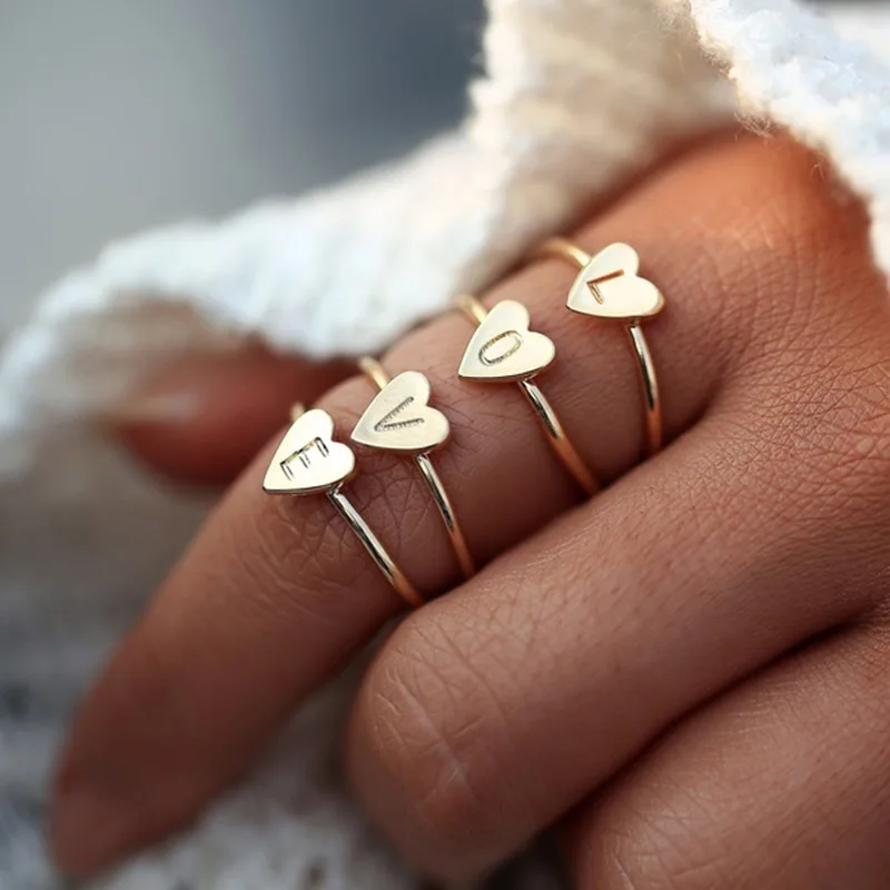 

Hand Stamped Stacking A-Z 26 Letters Initial Name Tiny Heart Rings for Women Gold Color Finger Rings Jewelry Wholesale, As picture shows