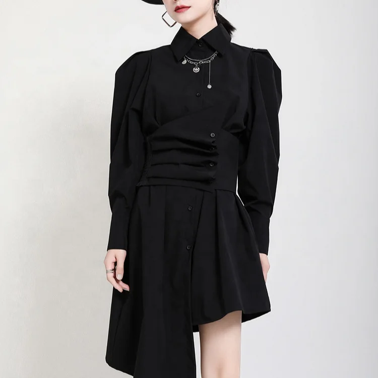 

Women's Wear French Niche Elegant Black Dress With Waist Shirt Long Sleeve Casual Spring Dresses, Black/white