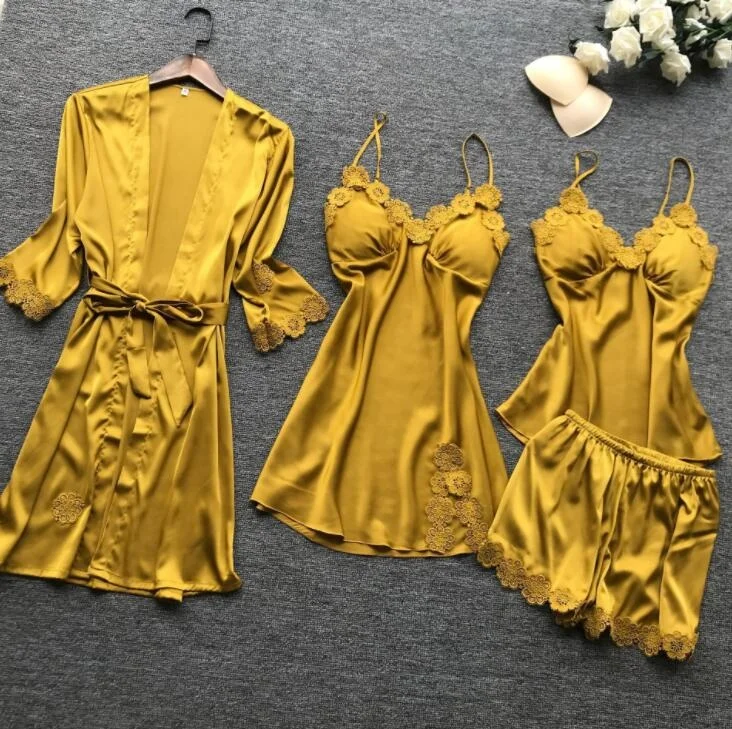 

Amazon Hot Selling Ladies High Quality Luxury Silk Robes Women Pajama Satin Set 4 Pieces, Light pink, wine, golden yellow, green