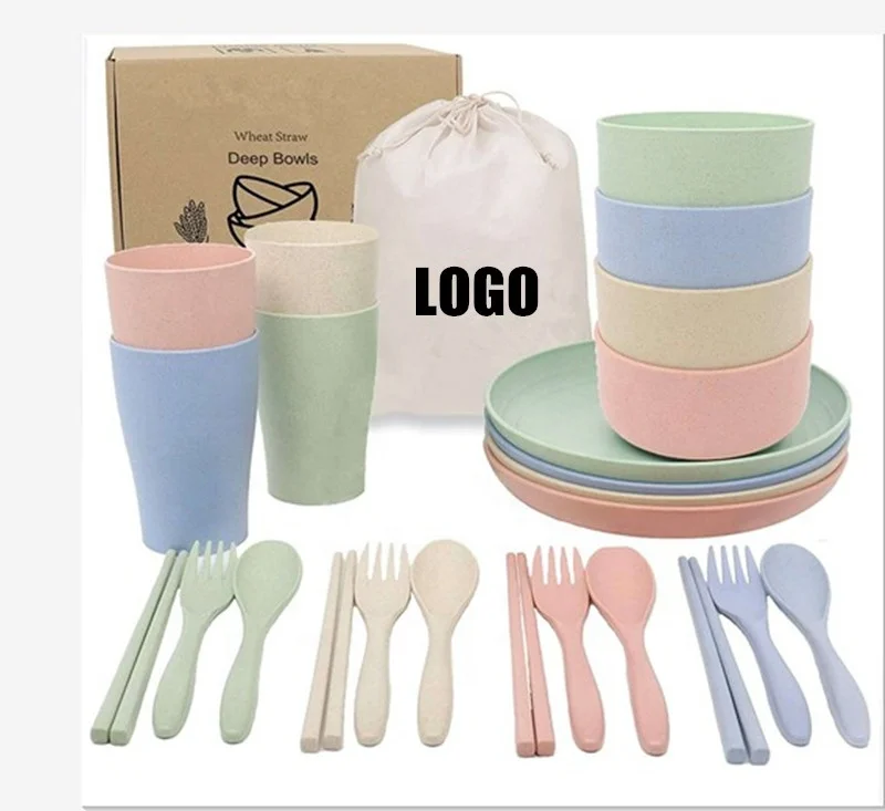 

Hot Sale Eco-friendly good smell biodegradable plates sets 6/24pcs set wheat straw tableware set, Blue / beige / pink / green