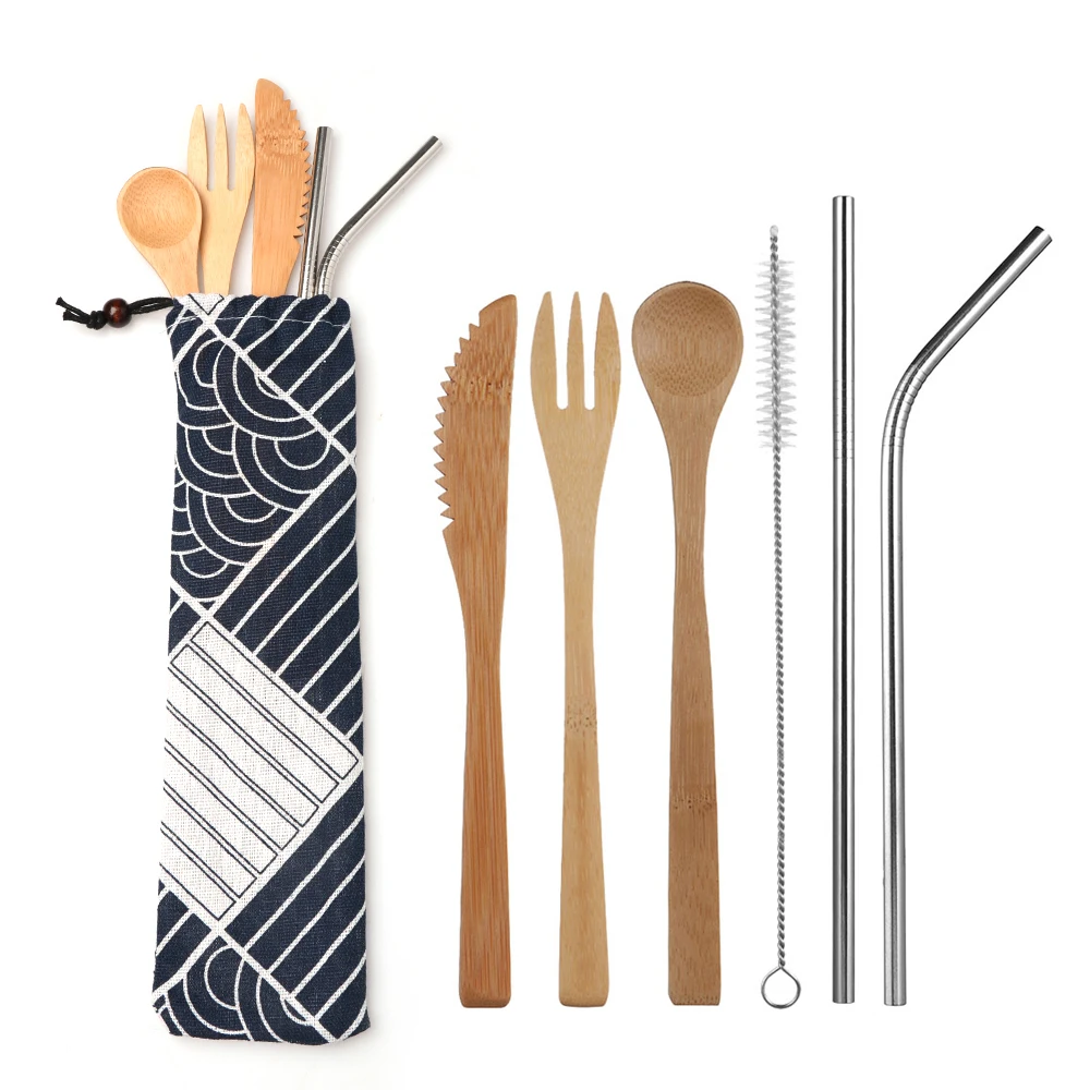 

Bamboo Cutlery Set Reusable Bamboo Utensils with Case 7.8 Inches Bamboo Knife, Fork, Spoon, Multi-colors Metal Straw