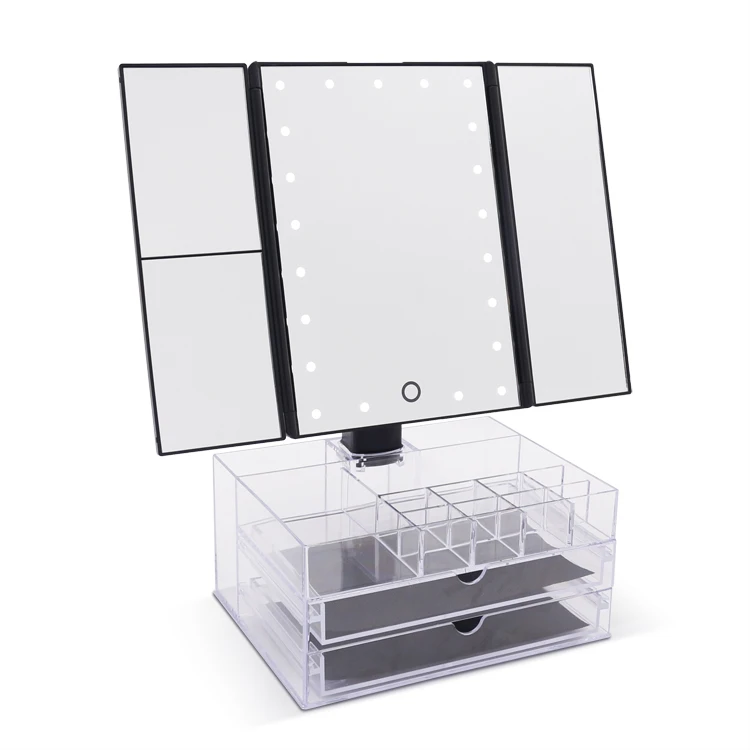 

Tri-fold plastic Magnifying vanity table Dimmable brightness makeup desktop led mirror with storage box