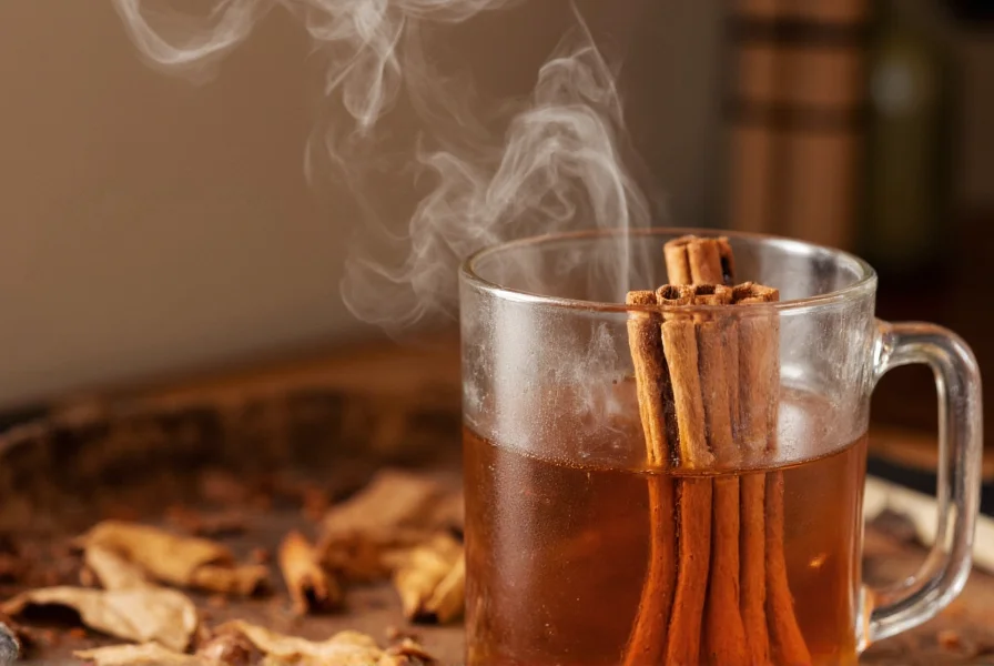 Close-up of cinnamon sticks steeping in a glass jar of water with visible steam rising