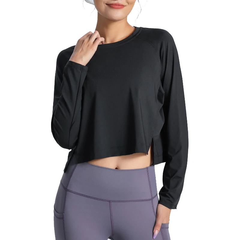 

2021 New Women Long Sleeve Crop Tops Workout Athletic Gym Shirts Cropped Sweatshirts for Women