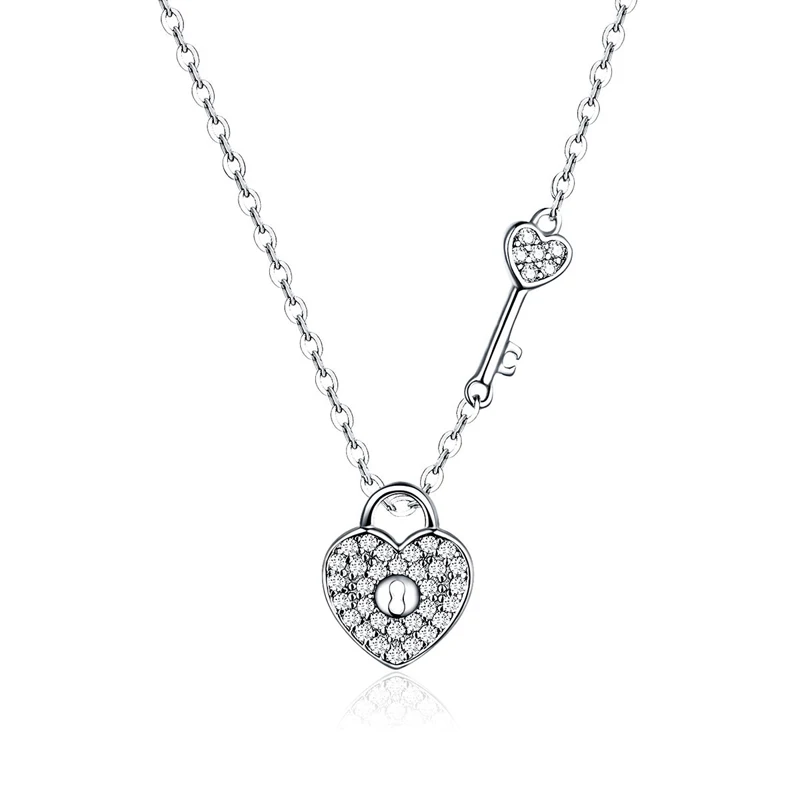 

Fashionable Love Lock Key Design Zirconia Sterling Silver Jewelry Necklace For Birthday