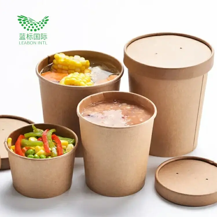 

Food Package Brown Kraft Paper Soup Bowl with Paper Lid Salad bowls Custom Printed Logo