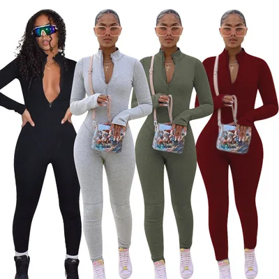 

2021 New Arrvials Solid Zipper Long Sleeve Bodysuits For Women Sport Tight Jumpsuit Ladies Yoga Romper