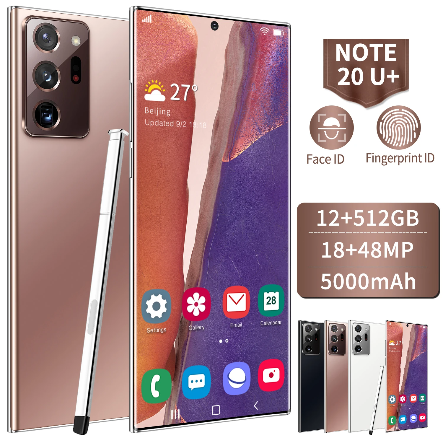 

Note20 U+ 6.9inch smartphone with pen android 5G 5000mah 10 core unlocked telephone HD camera 18MP+48MP 12GB+512GB mobile phones, Black rose gold white