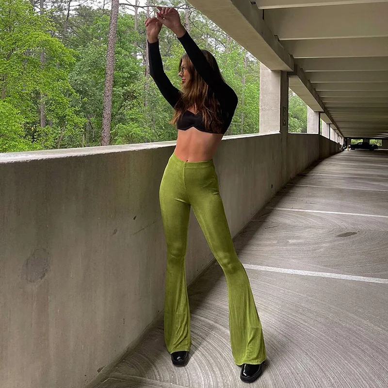 

Y2k Pants Glossy Knit Vintage High Waist Flare Pants Streetwear Women Clothing Gothic Aesthetic Trousers, Picture shows