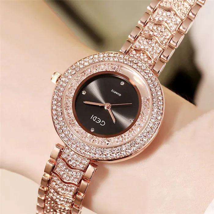 

GEDI New Arrival stainless steel Woman watches Crystal Diamond Quartz ladies Fancy Watches, Black gold