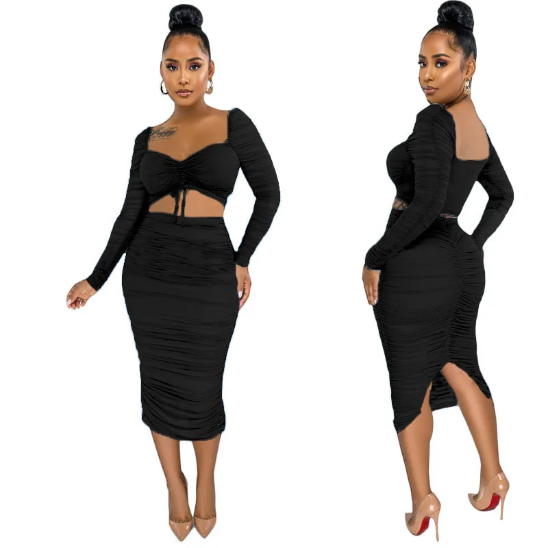 

2021 Fashion Sexy Autumn Casual Solid Color Plus Size Crop Top Drawstring Mesh Midi Skirt Outfits Women Two-Piece Set, Picture