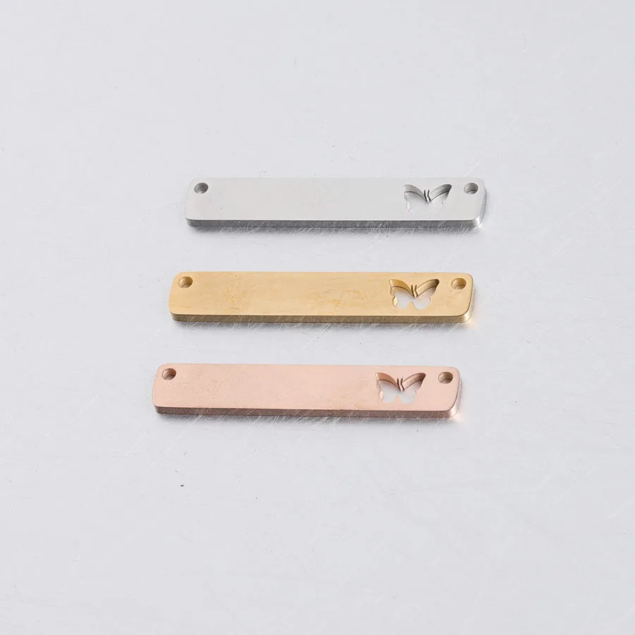 

6*35mm Custom Letter Pattern Double Holes Butterfly Hollow Out Stainless Steel Rectangle Bar Charms