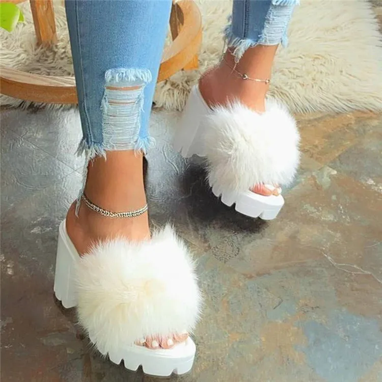 

HL-019 hot sell white faux fur cross trap open toe chunky high heel slipper sandals for women summer sexy Block Heels, Picture show