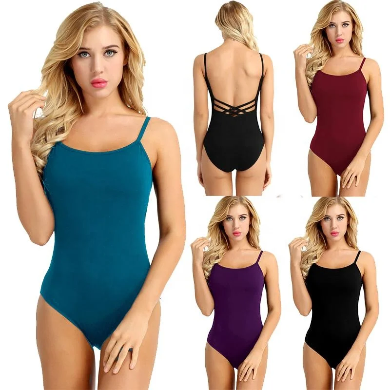 

Women Adult Spaghetti Straps Built In Bra Camisole Halter Leotard Gymnastics Ballet Dance Bodycon bodysuit