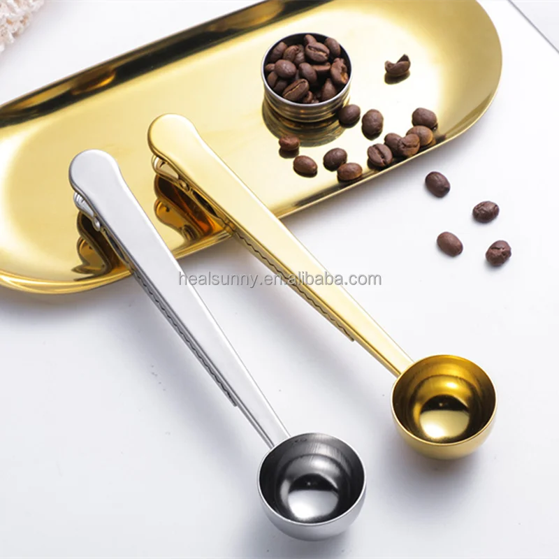 

Metal Coffee Spoon with bag clip gold 2 in 1 coffee scoop wedding door gift, Silver,gold,black