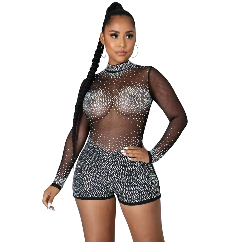 

Wholesale Sexy Sequin Bodysuit Backless See Through Rompers Womens Transparent Jumpsuit, As picture or customize color