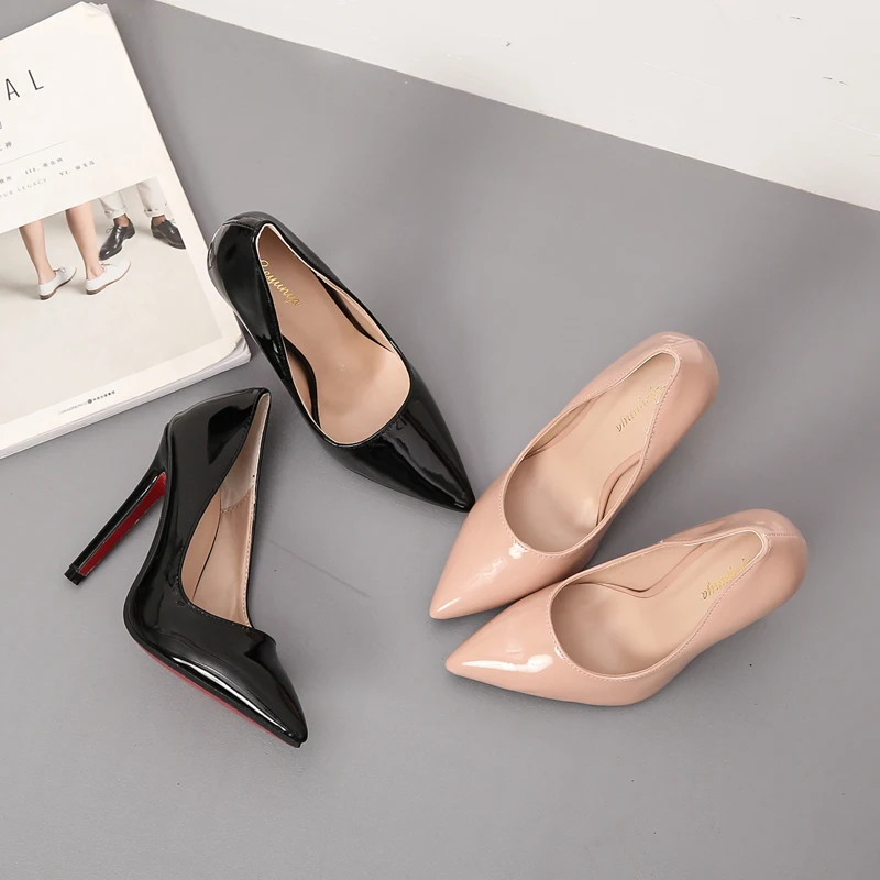 
ISEEYOUFIRST Shoes Woman Summer 2020 Stiletto High Heels New Pointy Toe Patent Leather Slip-On Office Shoes Black Beige In Stock 