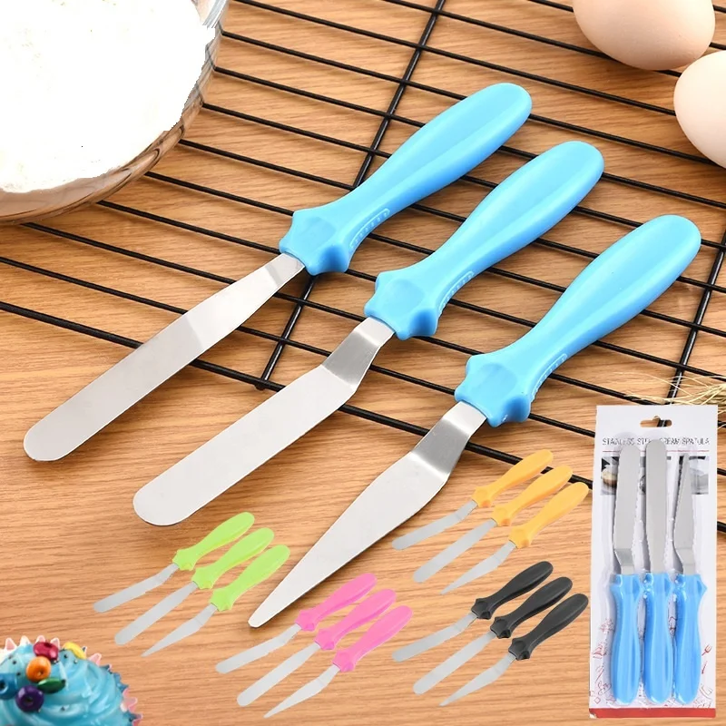 

3pc Stainless Steel Cake Icing Spatula Set With Colorful Handle, Assorted