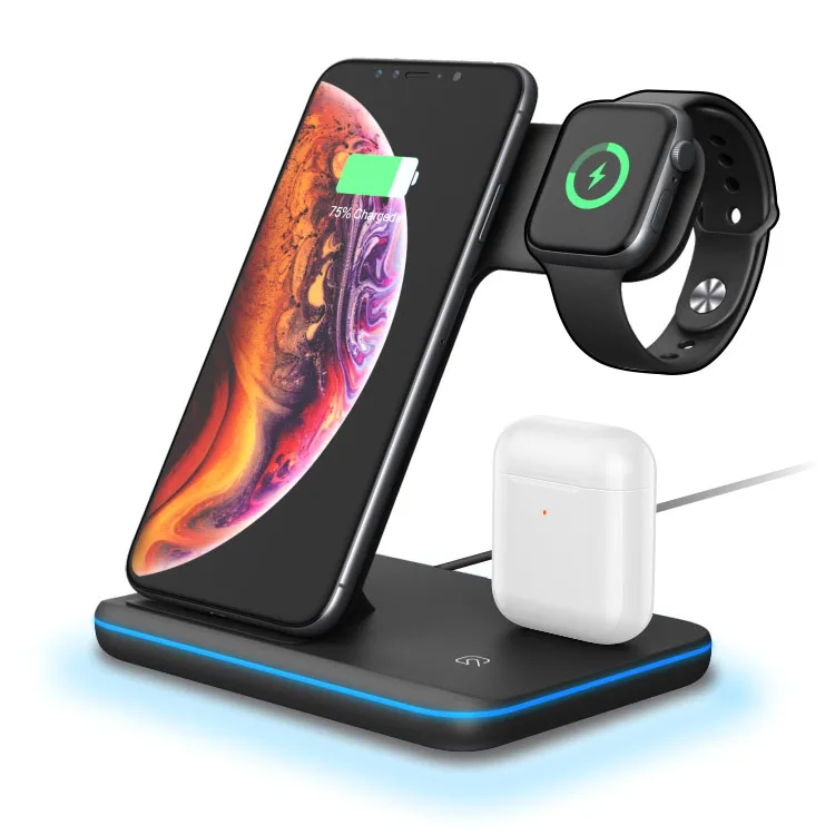 

amazon best seller greatmiles phone earphone charger hot sales fast stand 3 in 1 15w wireless charger station charging dock, Black/white