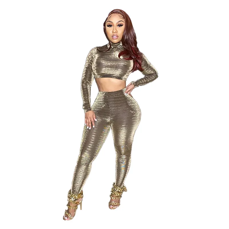 

Fall Fashion Women Clothes High Neck spun gold Long Sleeve Crop Top And Sweatpants 2 Piece yoga suit sport wear Pants Set Women, Pure color