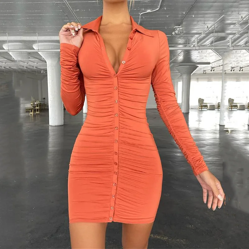 

2021 Summer Autumn Solid Plain Long Sleeve Vintage Bodycon Single-breasted Bandage Simply Ruched Women Casual Elegant Midi Dress, Picture