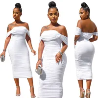 

New Arrivals Ladies Wrap Tube Bodycon Dress Sexy Pure White Folds Women Clothing 2020 Summer Women Long Dresses