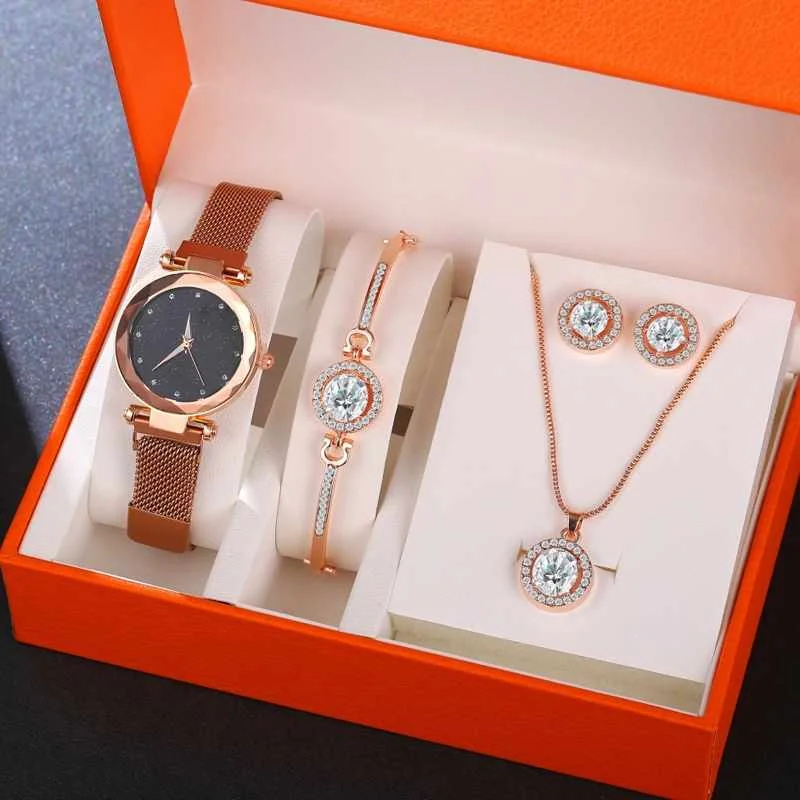 

Luxury Women Watches Crystal Bracelet Stud Earring Necklace Set Ladies Watch Casual Quartz Wristwatch Set