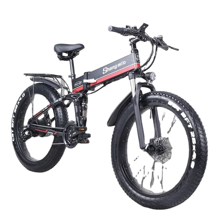 

Full Suspension 48v 1000W 13AH 26 Inch Mountain Adult Bicycle Fat Tire Bicycles Fat Tire 7 Speed Electric Bike SHENGMILO MX01, Black red green