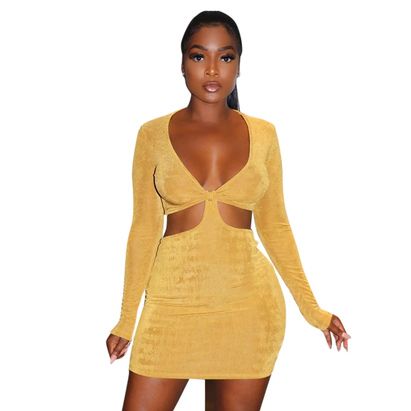 

2021 Autumn New Solid Color V-neck Long-sleeved Hollow Waistless Back Short Women Sexy Bodycon Dress, Customized color