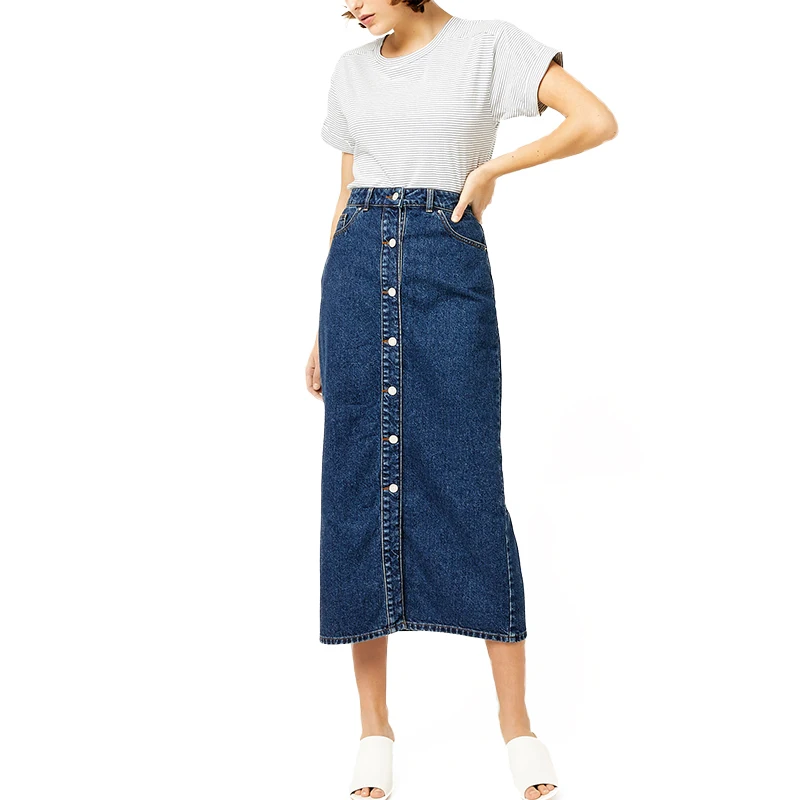 

Summer Autumn Blue Button Midi Summer Women Long Denim Jean Skirt