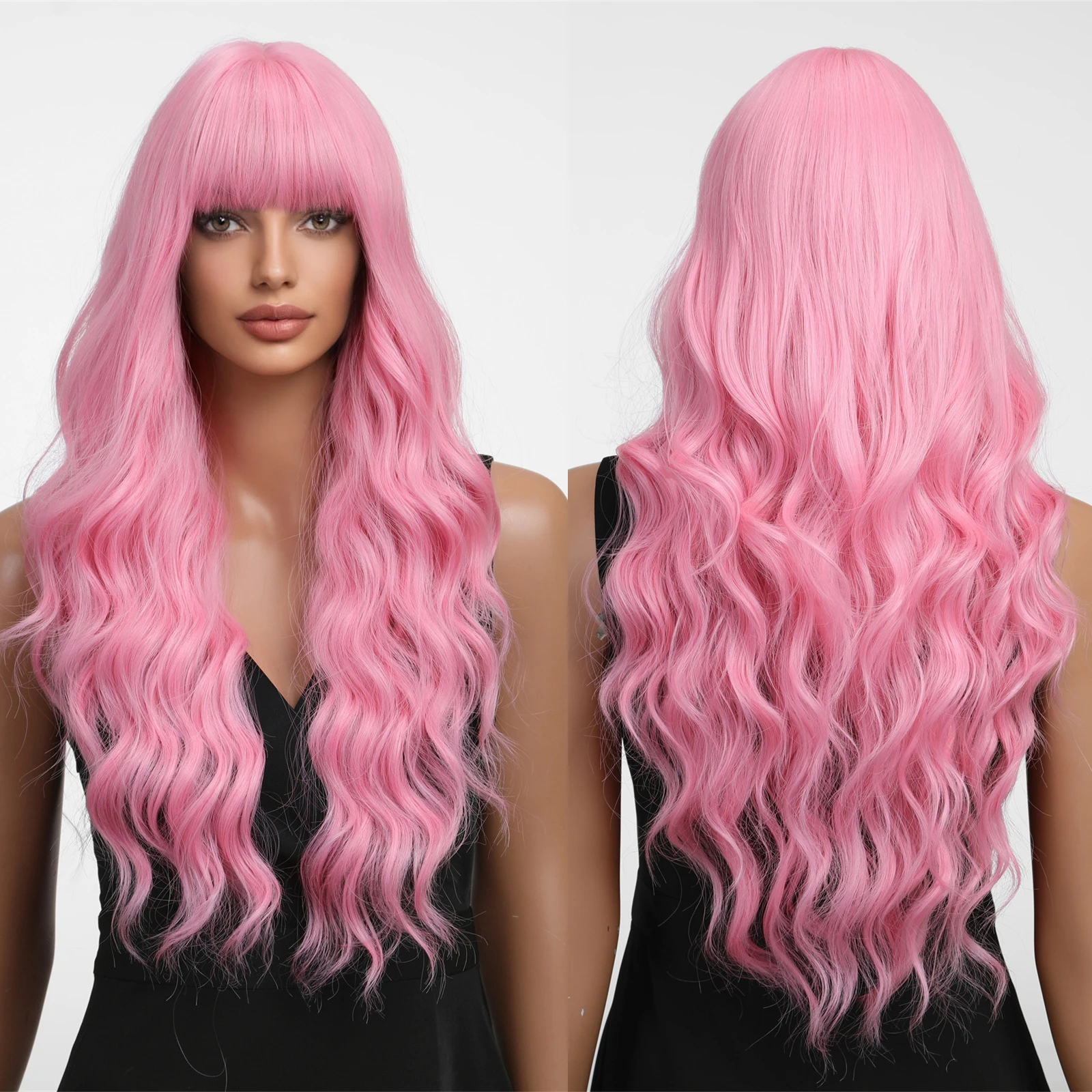 Heat Resistant Fiber Long Wig Pink Large Wave Curly Hair Synthetic Wig Curly Hair Matte High Density Real Photo