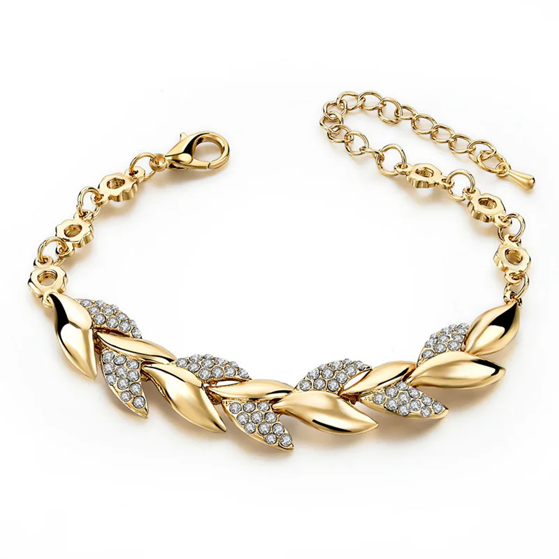 

Golden Crystal Leaf Braided Bracelets Leave Luxury Bangles Women Girls Wedding Jewelry Christmas Gift, Rose gold,sliver