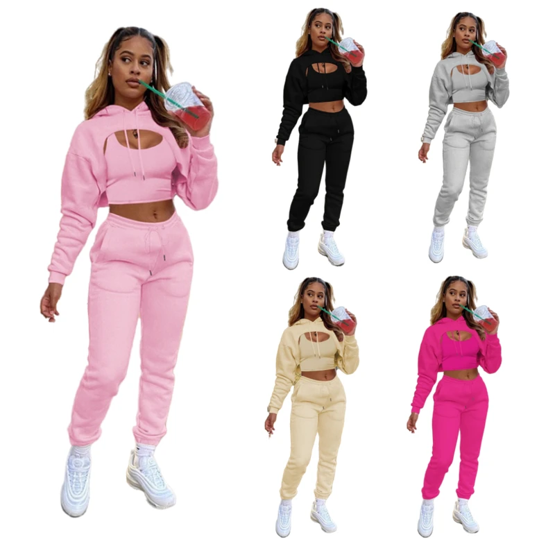 

Womens fall Winter Cotton Outfits 3 Piece Hoodies with joggers set long pants fleece Tracksuit three Piece sweatpants and hoodie, 8 colors