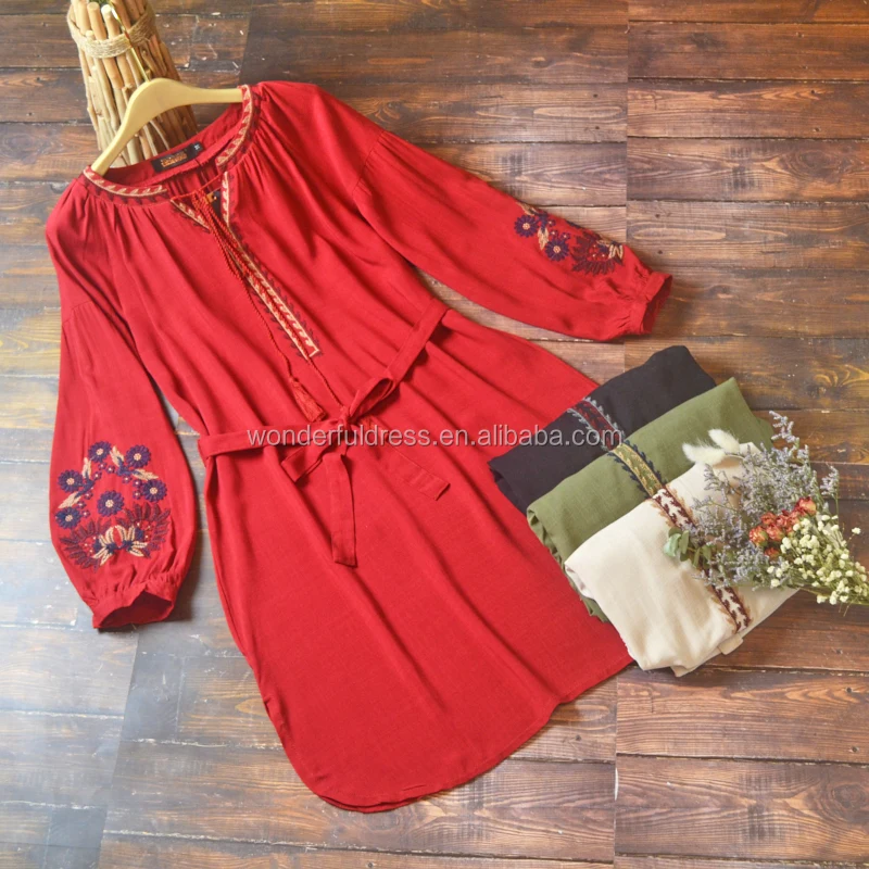 

Factory Direct Sale Long Sleeve Floral Embroidery Bohemian Casual Dress For Lady, Black,green,red,beige
