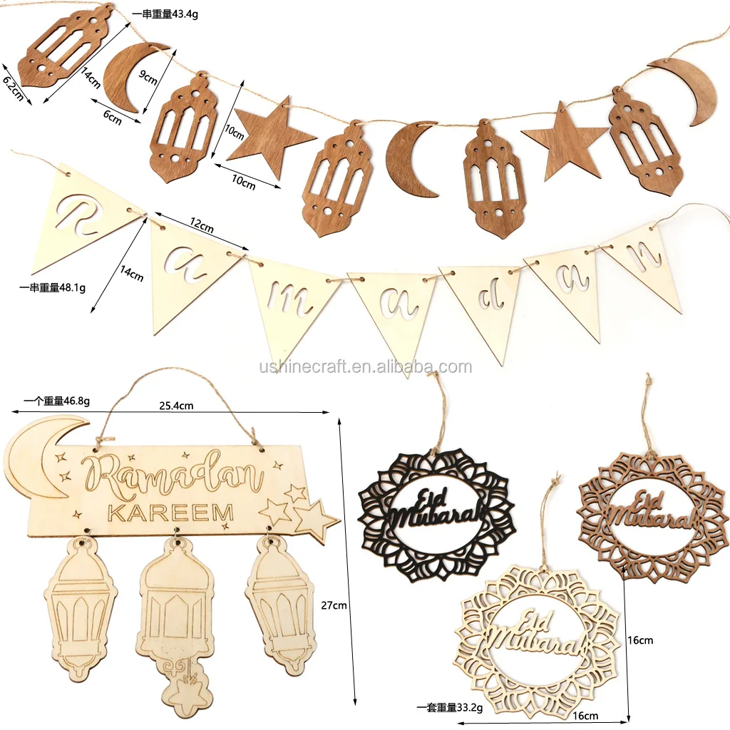 Moon Star Mosque Shape Eid Mubarak Wooden Eid Pendants Flag Bunting 